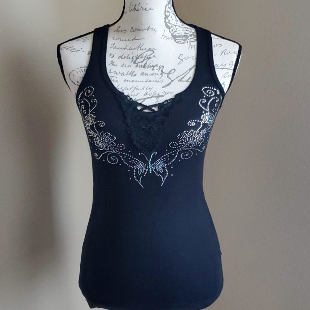 Malanalove Co rhinestone butterfly studded lace racer back tank top. Small